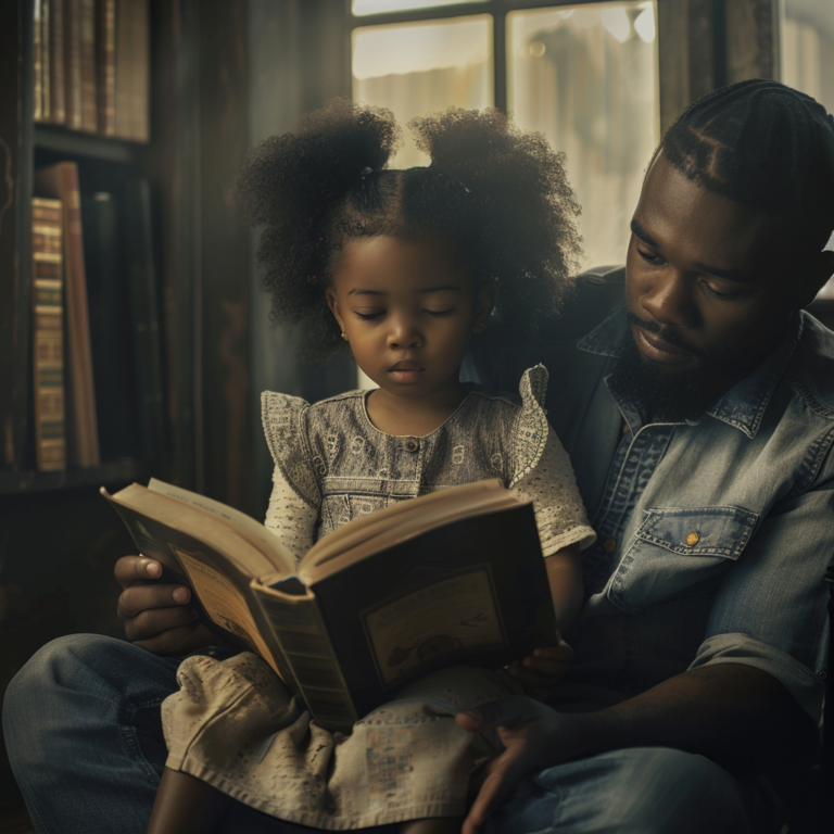 guythcy_A_young_black_girl_reading_a_book_with_her_dad_sitting__974cb7ad-ee36-452c-870f-68a536847938
